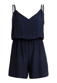 Granatowy kombinezon wykonany z lekkiej tkaniny, z regulowanymi ramiączkami spaghetti, luźnym fasonem góry i elastyczną talią z szortami.