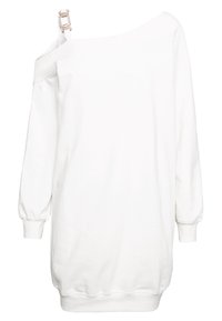 Vit off-shoulder sweatshirtklänning med en enda dekorativ rem med en metallspänne. Långa ärmar och en avslappnad passform. Slät textur.