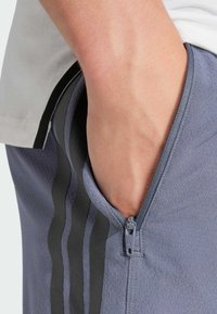 Pantaloni sportivi grigi con tasca con zip, caratterizzati da strisce laterali nere e un tessuto testurizzato. Vista ravvicinata del dettaglio della tasca.
