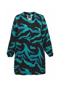 Langærmet sort bluse med blå-grønt abstrakt zebra mønster, rund halsudskæring og elastiske manchetter, mærket Pont Neuf.