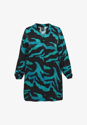 Hosszú ujjú fekete blúz kék-zöld absztrakt zebra mintával, kerek nyakkivágással és rugalmas mandzsettákkal, Pont Neuf márkájú.