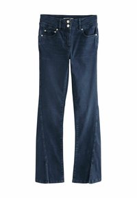 Jeans in denim blu scuro con design a gamba dritta, dotati di cinque tasche, due bottoni metallici e sottili dettagli di cucitura.