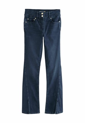 Dark blue denim jeans with a straight-leg design, featuring five pockets, two metallic buttons, and subtle stitching accents.