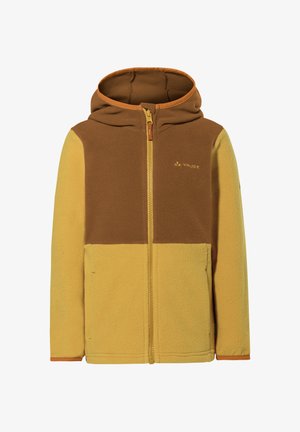 Giacca con cappuccio in pile con un design a blocchi di colore marrone e giallo; presenta una cerniera centrale, una texture morbida e il logo Vaude sul petto.