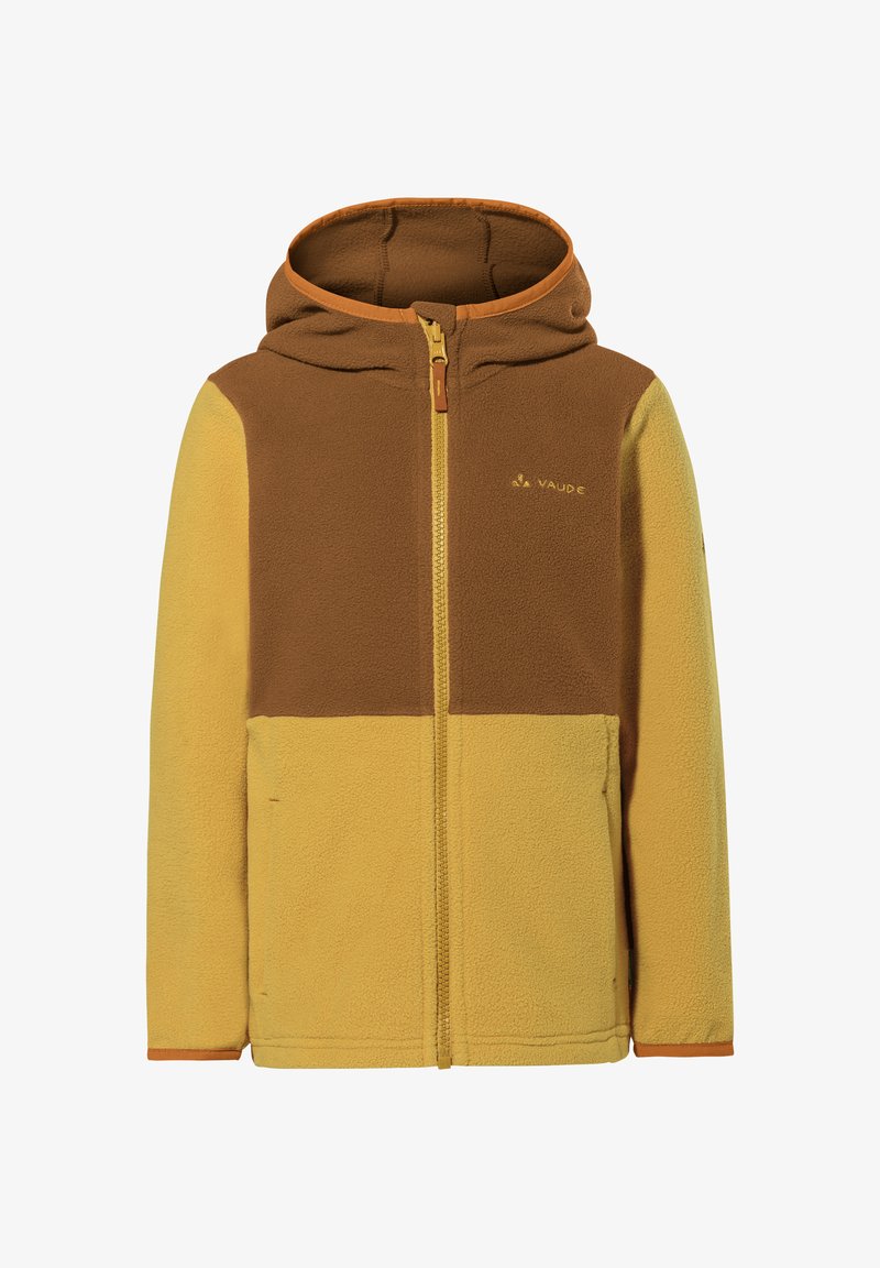 Fleece com capuz, com um design em blocos de cor castanho e amarelo; apresenta um fecho central, textura suave e o logótipo da Vaude no peito.
