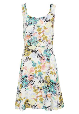 Sleeveless white dress with colorful floral print in teal, yellow, pink, and black, featuring a scoop neckline and an A-line skirt.