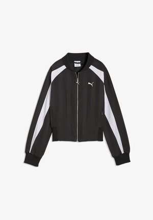 Svart beskuren bomberjacka med vita sidostripes. Har en ribbad krage och muddar, blixtlås framtill och en liten logga på bröstet.