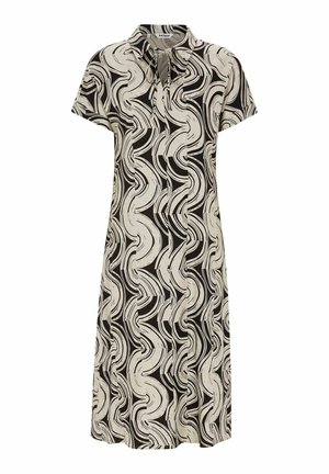 Midi šaty s krátkým rukávem v černo-béžovém abstraktním vlnitém vzoru, s límečkem a detailem zavazovaného výstřihu ve tvaru klíčové dírky.