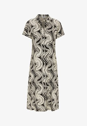 Midi šaty s krátkým rukávem v černo-béžovém abstraktním vlnitém vzoru, s límečkem a detailem zavazovaného výstřihu ve tvaru klíčové dírky.