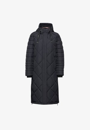 Sort lang pufferjakke med diamantquiltet mønster, hætte, lynlås foran og justerbare snore. Har elastiske ærmer og sidelommer.