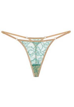 Kantenzijde in doorschijnend teal met bloemmotief, voorzien van beige banden en hardware in goudkleur. Minimalistisch ontwerp met delicate details.