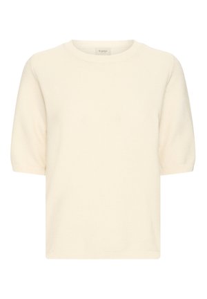 Maglione corto a maniche corte color crema con scollatura rotonda, realizzato in un tessuto a maglia texturizzato; vestibilità comoda e design minimalista.