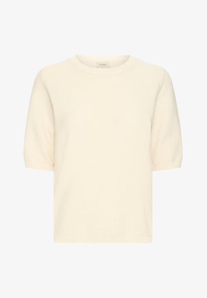 Krém színű, rövid ujjú pulóver, kerek nyakkivágással, strukturált kötött anyagból készült; laza szabású és minimalista dizájn.