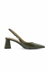 Olivi vihreä patenttileather slingback-kengät, joissa on teräväkärkinen muotoilu ja tukevat, kolmionmuotoiset korot. Sileä pinta ja kestävä kumipohja.