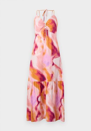 Maxi dress with a flared hem, featuring a pink, orange, and purple abstract pattern. Made of lightweight fabric with adjustable spaghettis straps.