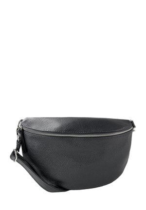 Schwarze Lederhandtasche mit runder Form, strukturiertem Oberflächenfinish und silbernem Reißverschluss. Mit abnehmbarem Tragegurt für vielseitiges Tragen.