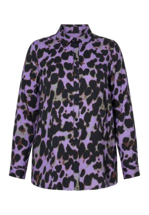 Overhemd met lange mouwen en knopen, met zwarte en bruine onregelmatige vlekken op een paarse achtergrond, met een klassieke kraag.