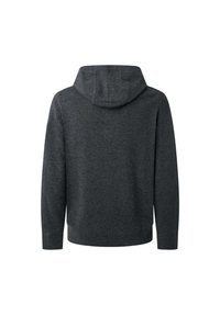 Felpa grigia scura realizzata in un materiale morbido, con una forma rilassata, maniche lunghe, cappuccio regolabile con cordino e dettagli a costine sul fondo.