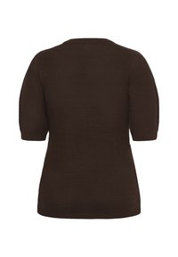 Pull tricoté marron foncé à manches courtes avec un col rond, vu de dos.