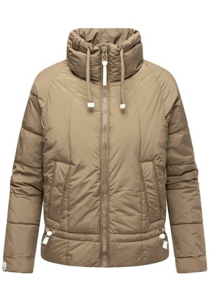 Beige pufferjack met hoge nek, ritssluiting aan de voorkant, twee zijzakken en verstelbare zoom. Gequilt ontwerp met een gladde, glanzende afwerking.