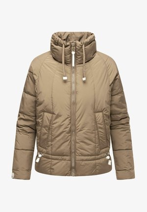 Beige puffer jacket with a high neck, zip front, two side pockets, and adjustable hem. Quilted design with a smooth, shiny finish.