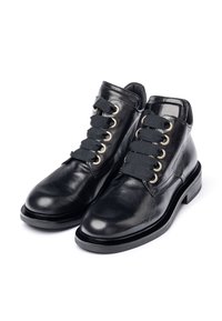 Black leather ankle boots with rounded toe, flat sole, and metal eyelets. Features fabric laces and textured finish on the upper.