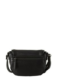 Borsa a tracolla nera in pelle con finitura texturizzata, pattina pieghevole, tasca frontale con zip e tracolla regolabile. Forma compatta con un design raffinato.