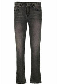 Jeans de mezclilla negra con un ajuste Slim, diseño de pierna recta, estilo de cinco bolsillos y cierre de botón. Acabado desgastado con detalles de costura sutiles.