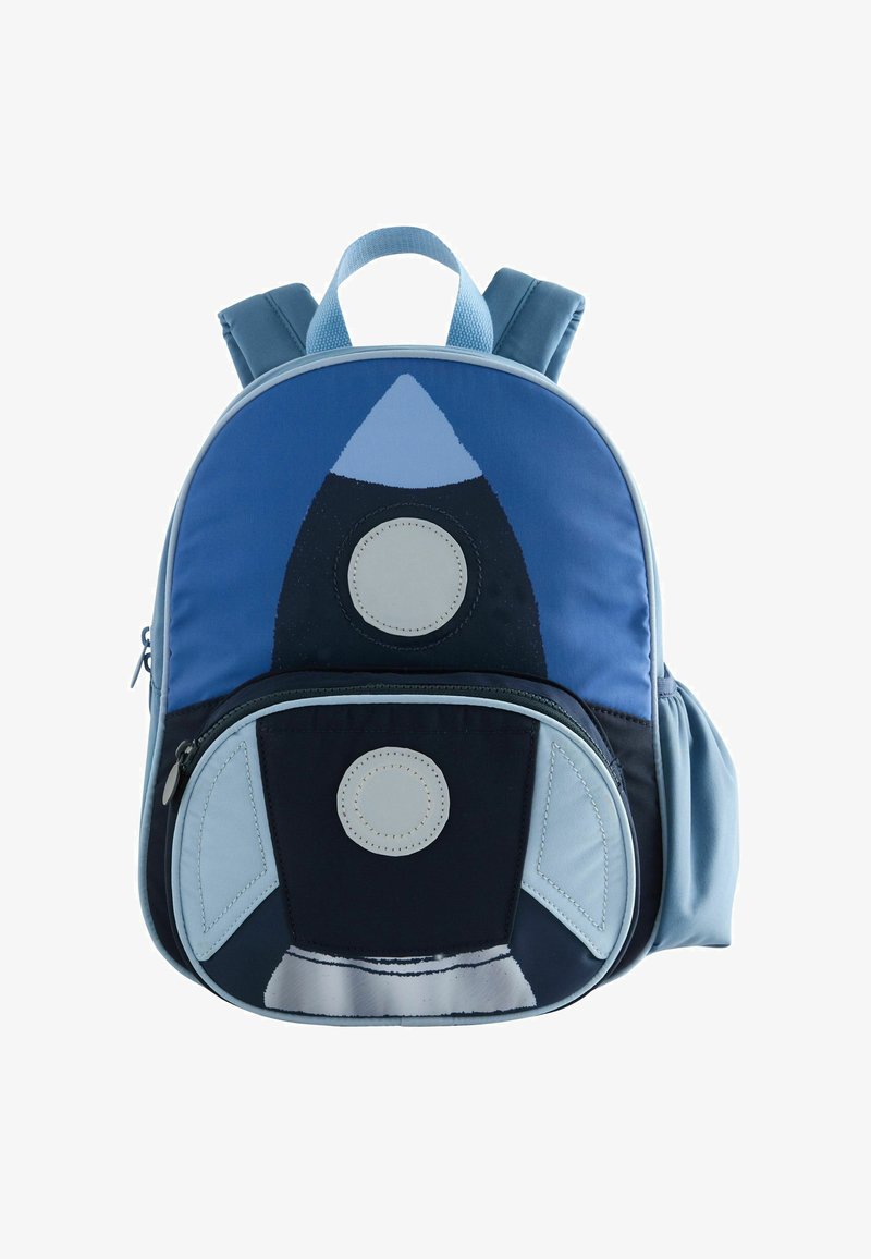 Small blue backpack with padded straps featuring a rocket ship design on the front and a zippered pouch pocket.