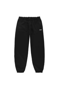 Czarne dresy z wiązanym pasem, zwężanymi nogawkami i elastycznymi mankietami. Posiadają małe białe logo na lewym udzie.