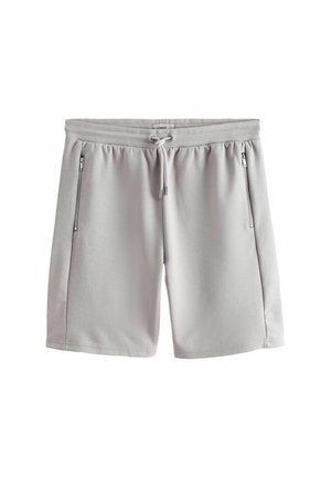 Vaaleanharmaat miesten casual-shortsit, joissa on joustava vyötärönauha, nyöri ja kaksi pystysuoraa vetoketjullista taskua.