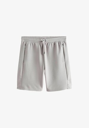 Vaaleanharmaat miesten casual-shortsit, joissa on joustava vyötärönauha, nyöri ja kaksi pystysuoraa vetoketjullista taskua.