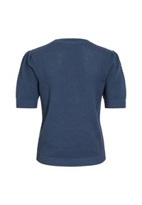 Navy blue sweter z krótkim rękawem o fakturowanym wzorze, z prążkowanymi ściągaczami i zaokrąglonym dekoltem. Gładki, oddychający materiał.