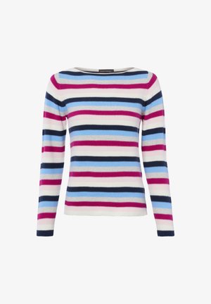 Pull en maille à manches longues avec des rayures horizontales bleu marine, bleu clair, rose et blanc, doté d'un col bateau.