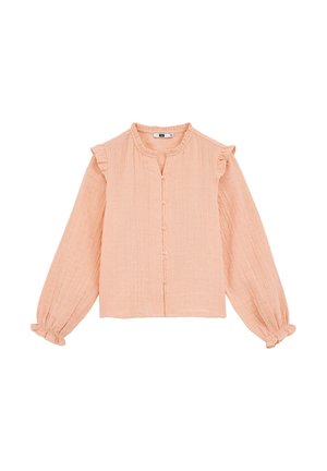 Blusa lunga a maniche in pesco chiaro con texture, chiusura frontale con bottoni, polsini a rouches e piccoli dettagli a rouches sulle spalle e sul colletto.
