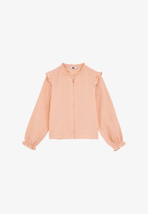 Világos barack színű, hosszú ujjú, textúrált blúz, gombos elülső résszel, fodros mandzsettával és kis fodrokkal a válltömegeken és a galléron.