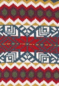 Strickmuster mit geometrischen Formen in Rot, Grün, Blau und Gelb; zeigt Zickzack- und Diamantmotive auf einem strukturierten Hintergrund.