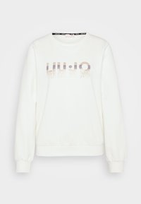 Bílá mikina s dlouhým rukávem a žebrovanými manžetami a lemem, na hrudi s logem "LIU·JO" ve třpytivých gradientních tečkách.