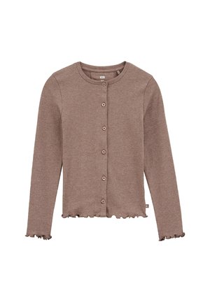 Bruine geribbelde cardigan met lange mouwen, ronde halslijn, sluiting met vijf knopen, en een gerimpelde zoom en manchetten. Zachte textuur en eenvoudig ontwerp.