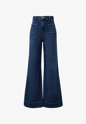 Donkerblauwe wijd uitlopende jeans met hoge taille, voorkant zakken met applicaties, riemlussen en een knoopsluiting.
