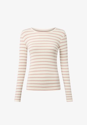 Long-sleeve, ribbed top in cream with light pink horizontal stripes. Features a classic round neckline and a fitted silhouette.