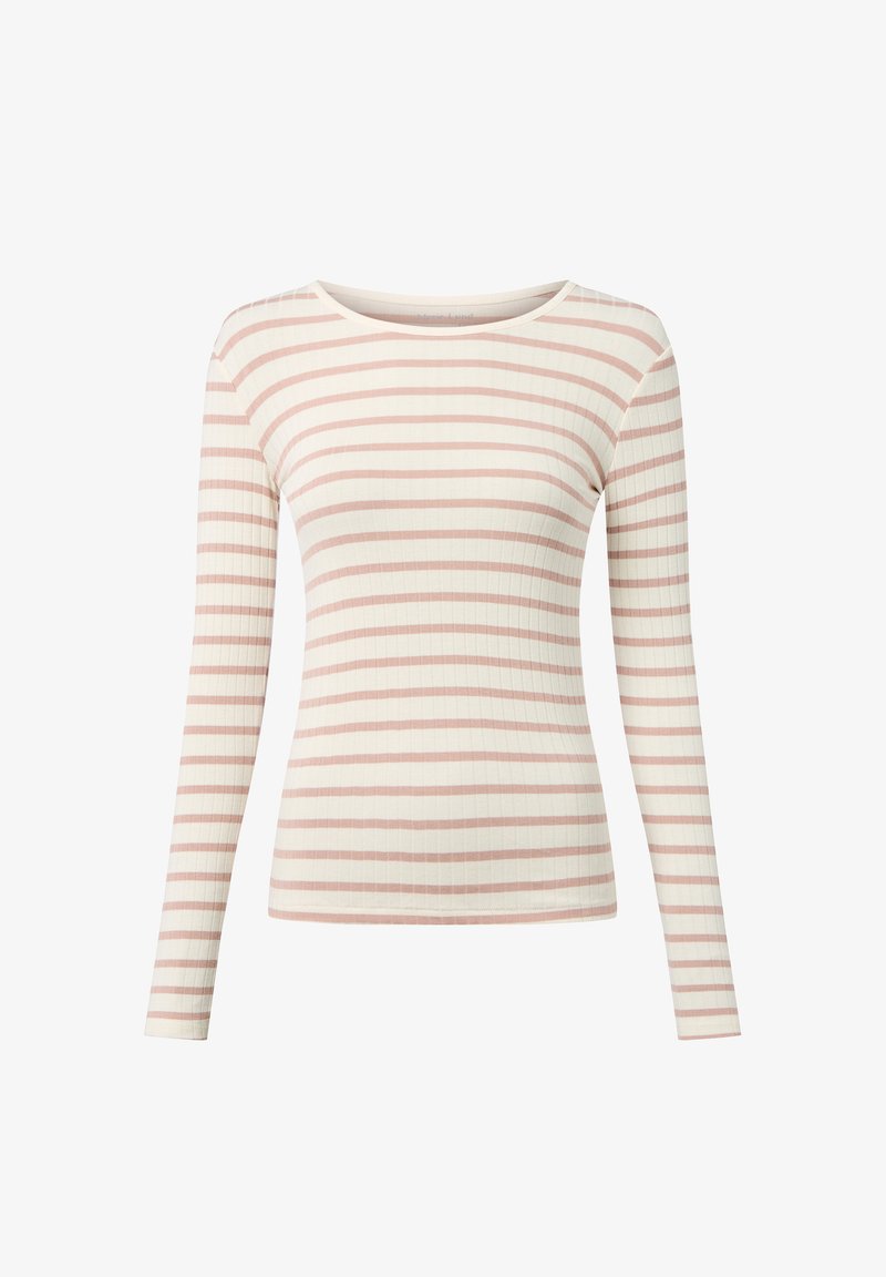 Langärmliges, geripptes Oberteil in Creme mit hellrosa horizontalen Streifen. Verfügt über einen klassischen Rundhalsausschnitt und eine figurbetonte Silhouette.