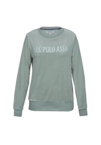 Grön långärmad sweatshirt i mjukt tyg med rundad halsringning och "U.S. POLO ASSN." broderat fram i ljusblått.