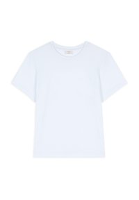 Lyseblå bomuld t-shirt med rund halsudskæring, korte ærmer og en afslappet pasform. Glat tekstur og minimalt design uden mønstre.