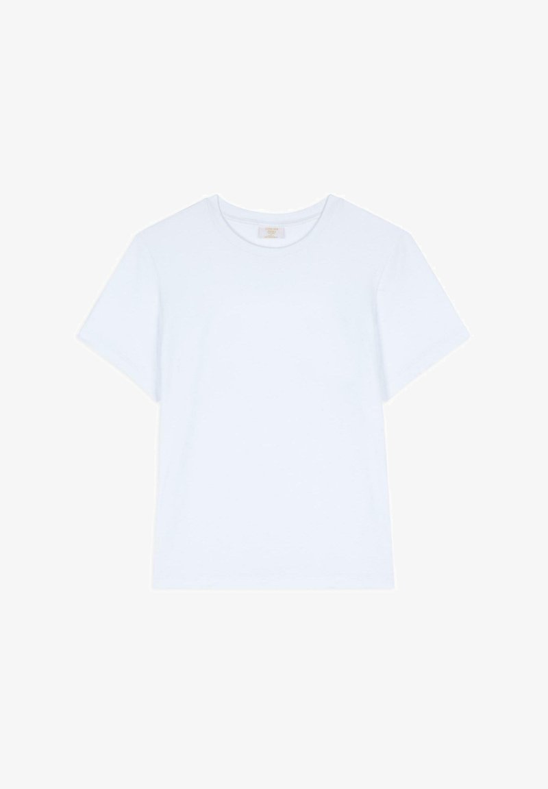 Lyseblå bomuld t-shirt med rund halsudskæring, korte ærmer og en afslappet pasform. Glat tekstur og minimalt design uden mønstre.