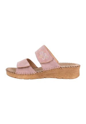 Sandalo zeppa in pelle scamosciata rosa con due cinturini regolabili, dettaglio floreale in strass e suola cucita color cuoio.