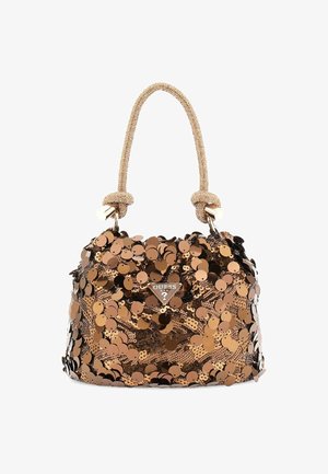 Sac à main rond recouvert de sequins noirs et bronze, avec une anse tressée en ton or et une plaque logo à l'avant. Finition texturée sur l'ensemble.