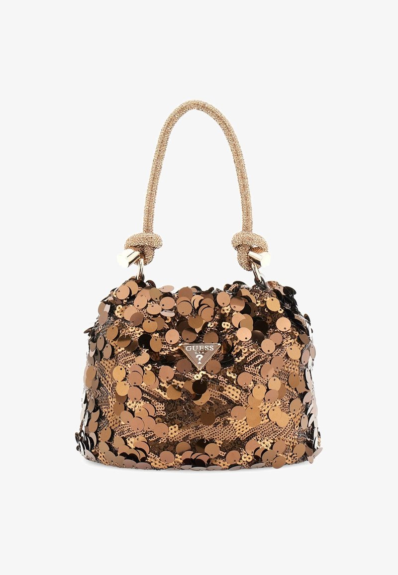 Borsa rotonda ricoperta di paillettes nere e bronzo, con un manico intrecciato in tono oro e una placca con logo sul davanti. Finitura strutturata su tutta la superficie.