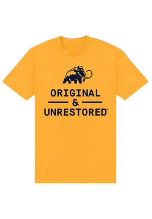 Żółta bawełniana koszulka z krótkim rękawem z granatowym napisem "ORIGINAL & UNRESTORED" oraz sylwetką mamuta ponad tekstem.
