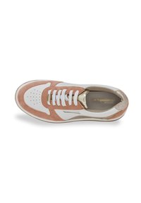 Sneaker bianca con accenti in suede rosa, dettagli dorati e punta perforata. Presenta lacci bianchi e una soletta imbottita.